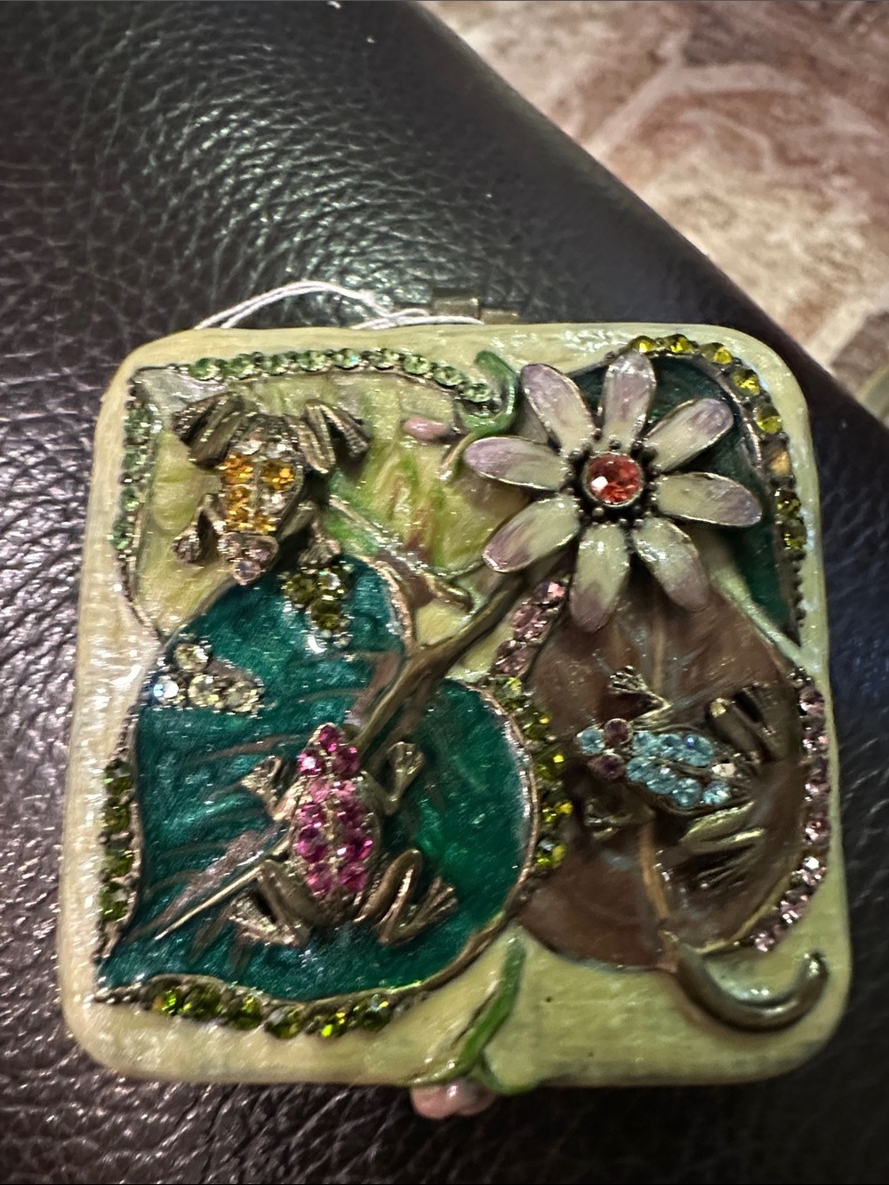 Embellished Frog & Flower Decorative Compact Mirror - Green Pink Blue Accents